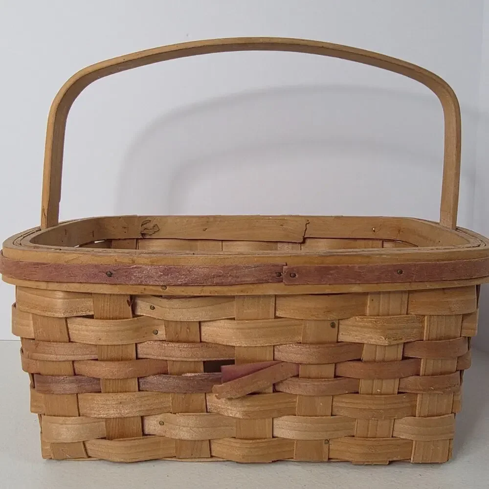 Vintage Wooden Condiment Caddy Basket Divided Sections Wide Handle